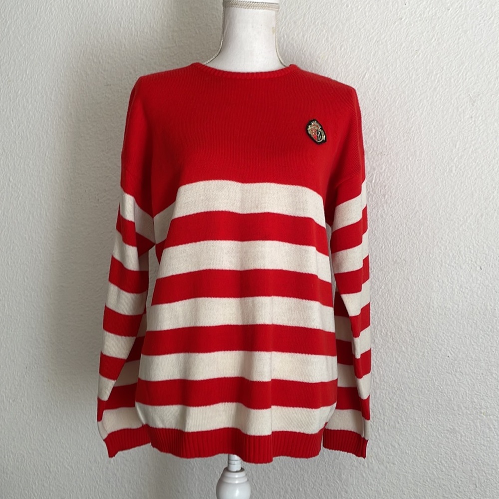Vintage 80s Striped Knit Yuppie Sweater with Crest
